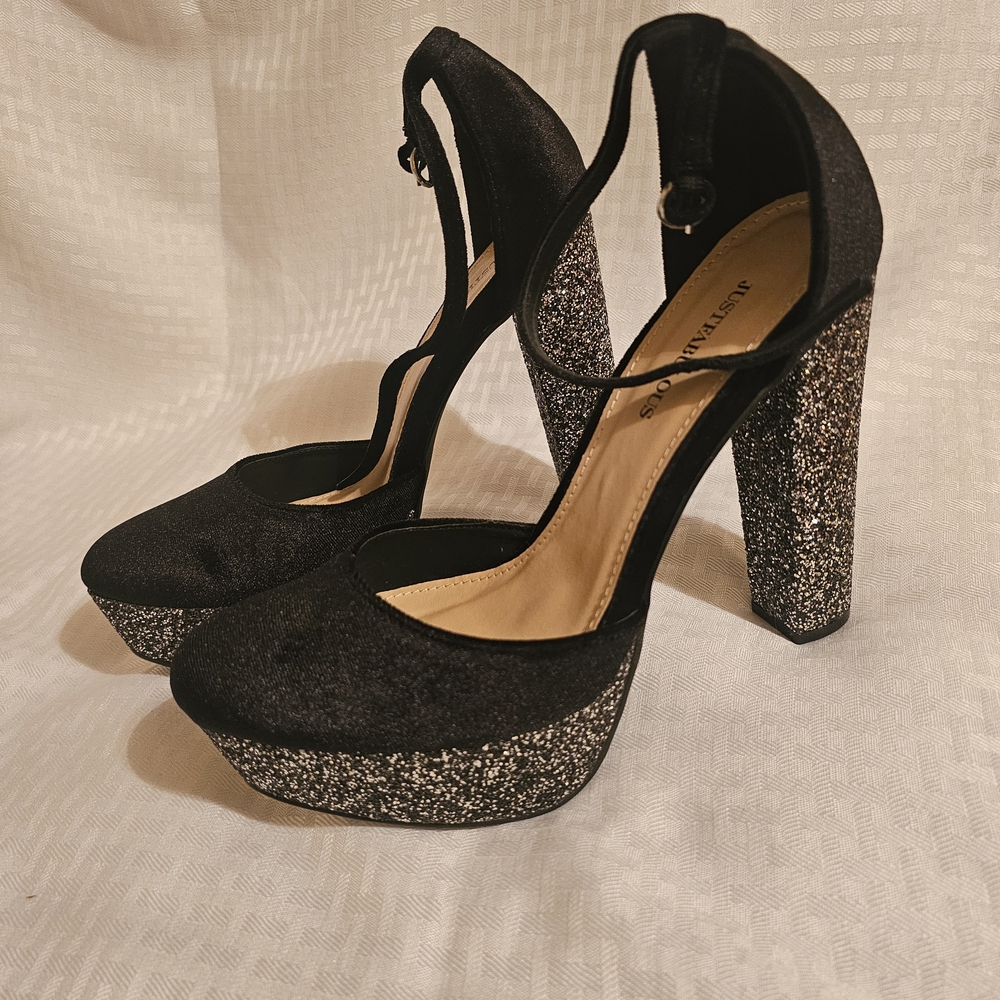 JustFab Black Velvet and Glitter Heels